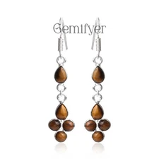 Handmade 925 Sterling Silver Tigers Eye Earrings Natural Gemstone Dangle Jewelry