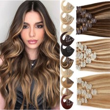 100% Remy Echthaar Clip in Hair Extensions Haarverlangerung Dick 8 Tressen Weft