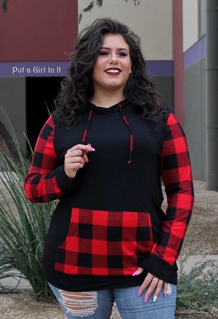 New PLUS SIZE Womens RED BLACK PLAID PULLOVER HOODIE SHIRT TUNIC 1X 2X 3X  USA