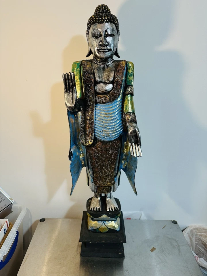 40” Buddha Khmer Style Thai standing Wooden Statue - Image 2 of 4