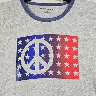 Lucky Brand Shirt Mens Extra Large XL Gray Peace Flag Stars Casual Skater NWT