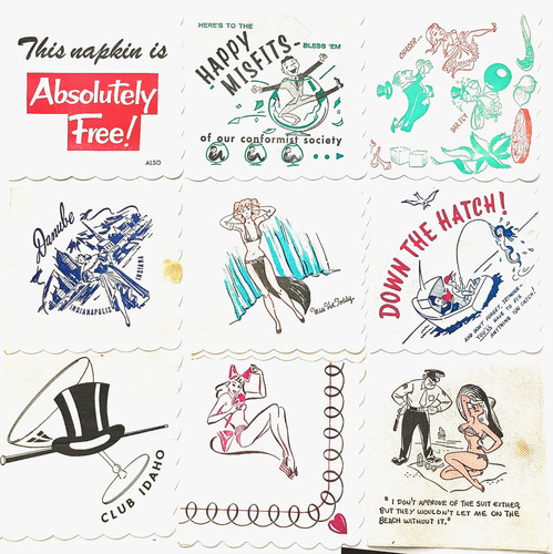 9 Vintage 1950s Novelty Paper Cocktail Napkins – Mid Century Modern Humor Risque