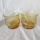 2 Vintage Anchor Hocking Amber Glass Rain Flower Rocks Glass 3" Tumblers
