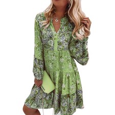 Womens Floral Boho V Neck Loose Dress Ladies Long Sleeve Summer Holiday Sundress