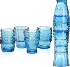 Frcctre Set of 4 Koi Fish Design Drinking Glasses, Stackable Middle, Blue 