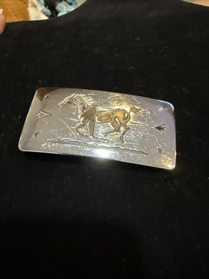 Vintage 70 s Western Style Chambers Belt Buckle with Black Galloping Horse USA 