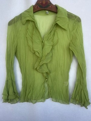 Bottega By ElisaCavaletti  Green Chartreuse Sheer Ruffle Blouse Crinkle Boho M