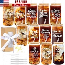 Thank You Gift Set 6 Glass Cups Lids Straws Makeup Bags Pens Inspirational New