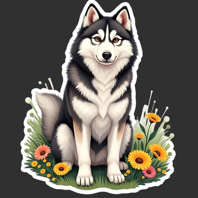 #ad Siberian Husky sticker vinyl decal black white husky sitting flowers nature art $2.79