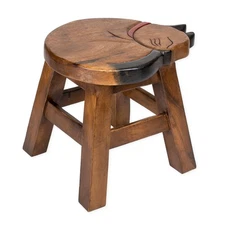 Sleepy Kitty Design Hand Carved Acacia Hardwood Decorative Short Stool