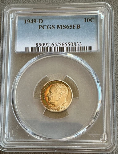 1949-D Roosevelt Dime - PCGS MS-65 FB - Light Rainbow Toning Full Bands