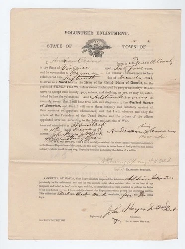 CIVIL WAR Enlistment for Black Soldier in 11th USCT - Ft Smith Arkansas - RARE !