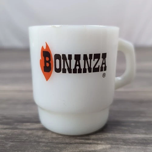Vintage Bonanza Steakhouse Restaurant Milk Glass Coffee Mug Cup EUC 80s