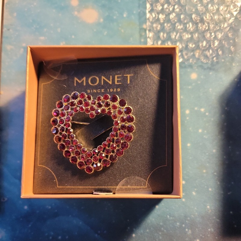 Vintage Monet Red Rhinestone Heart Brooch New in Original Box