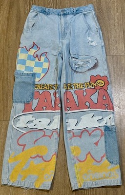 Taka Original Mens XL Light Wash Distressed Graphic Wide Leg Skate Jeans 30x30