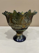 Vintage Carnival Glass Wreath of Roses Punch Bowl 2 Piece Beautiful- See Pics