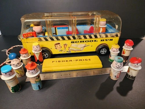 Vintage 1959 Wood Fisher Price Little People "School Bus" w/ 9 wood figures