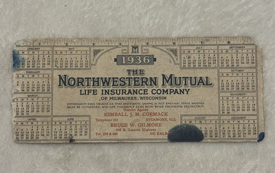 1936 Northwestern Mutual Life Insurance Calendar Ruler Advertising Card