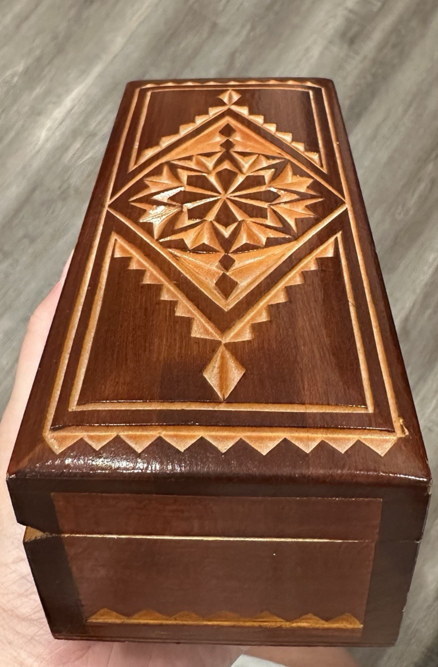 Vintage USSR Hand Carved Wooden Jewelry Box 7.5x3.25 Inches Keepsake Trinket Case