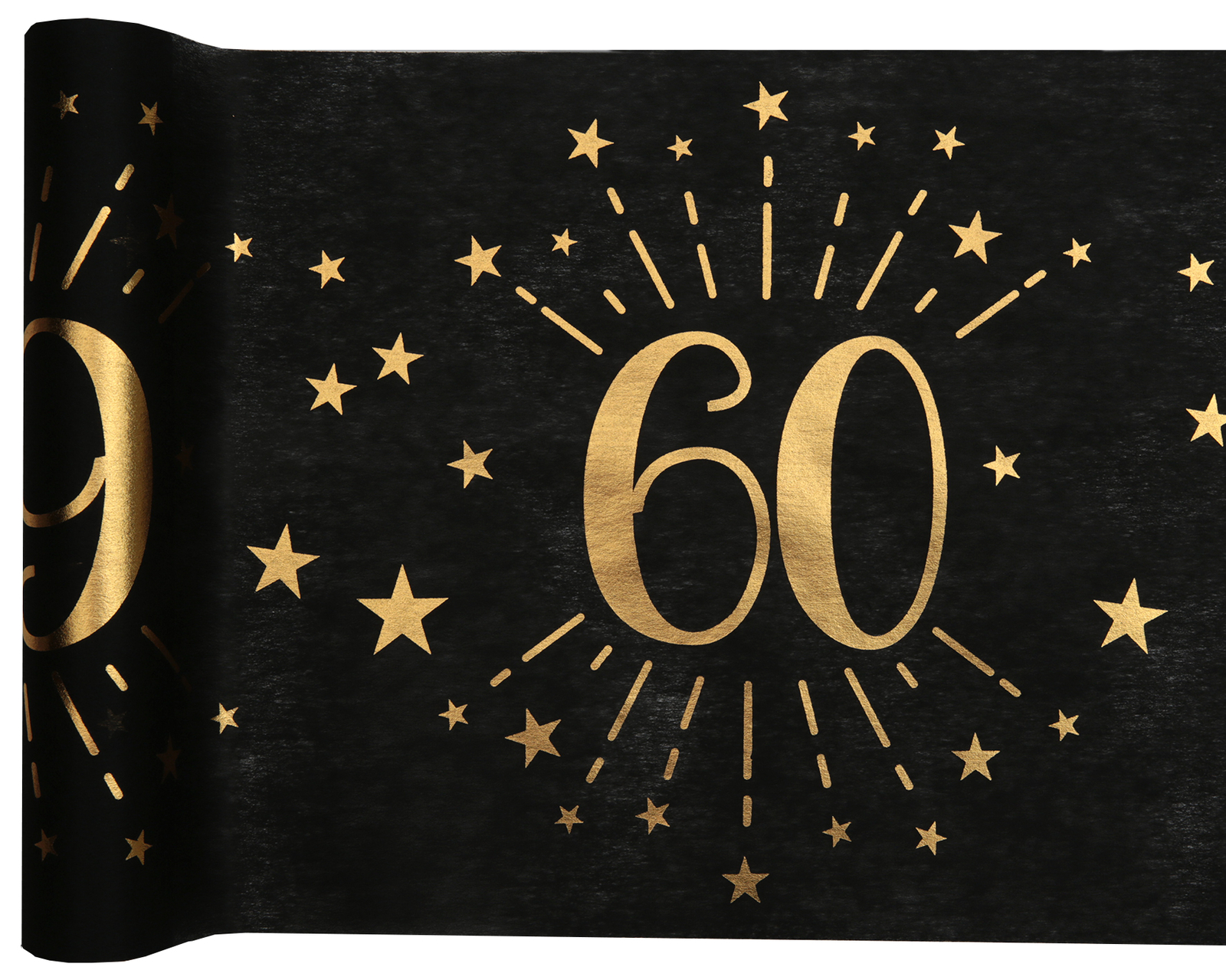 60th Birthday Table Runner Party Decoration Age 60 Black & Gold 5 metres x 30cm