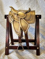 Vtg Maitland-Smith Brass Horse Saddle Equine Figurine Sculpture Wood Stand 7.5"