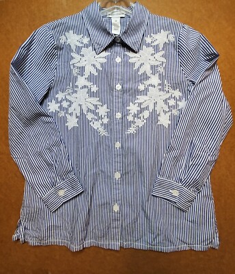 Drapers Damons Women Shirt Top Medium Blue White Striped Embroidered Flowers