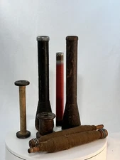 7 Vintage Antique Industrial Textile Wood Spools Spindles Thread Bobbins Tube