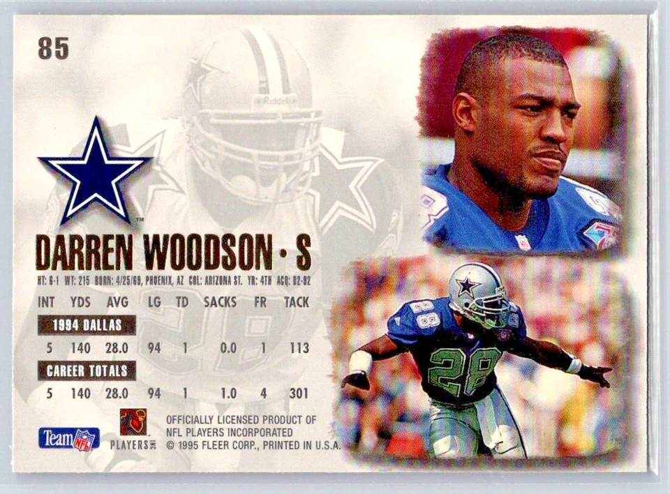 1995 Fleer Ultra Football - Darren Woodson - Dallas Cowboys - Base - #85 - Image 2 of 2