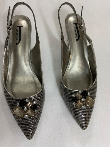 J RENEE SILVER RHINESTONE KITTEN HEELS 