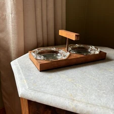 Vintage Wooden Double Glass Ashtray Caddy With Handle
