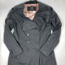 Helium Womens Long Trench Coat Black Size M Polyester Stretch Button Outerwear