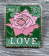 Vintage Love Pin USA Stamp 25 Cent Pink Rose Enamel Post Office Pinback USPS