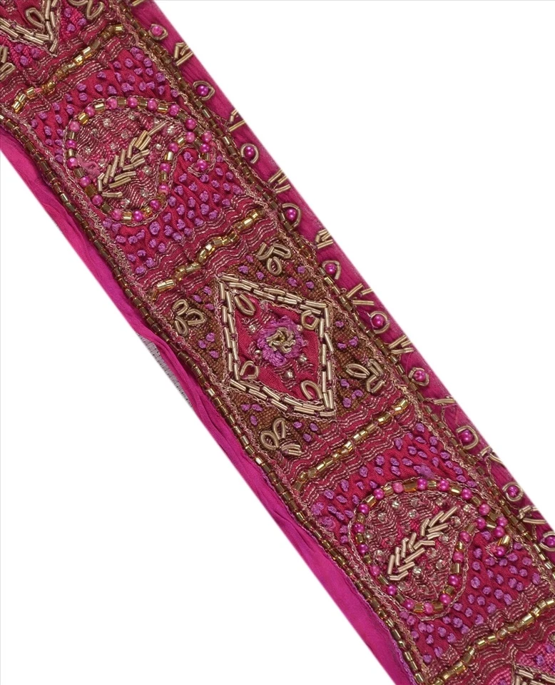 Borde de sari vintage sánskriti con cuentas artesanales adornos encaje 1 yarda Zari púrpura Foto 4 de 4