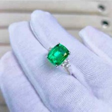 3Cut Emerald Cut Natural Green Emerald Wedding Ring 14K White Gold Plated