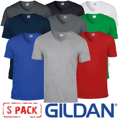 5 Pack Gildan V-Neck T-Shirt Short Sleeve Mens Plain Cotton Softstyle ...