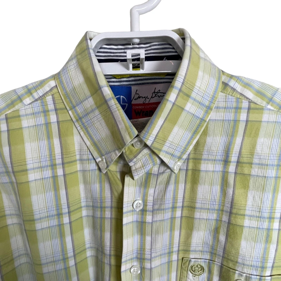 Camisa xadrez George Strait Wrangler masculina manga longa preta branca com botões M - Imagem 2 de 4