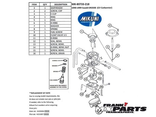 Reparatur Kit Mikuni BST 33 Vergaser 90-99 Suzuki DR 350 350S DR350S Überholungs - Bild 2 von 4