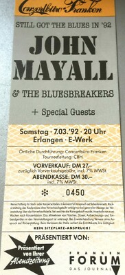 JOHN MAYALL  1992  ERLANGEN     ++  ORIGINAL CONCERT - KONZERT - Ticket  