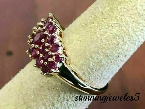 14K Yellow Gold Finish 2.55CT Round Cut Real Red Ruby Wedding Cluster Ring Gift - Image 4 of 4