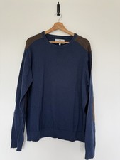 Next Mens Jumper Large Navy Crew Neck Elbow Patch Cotton Blend Casual