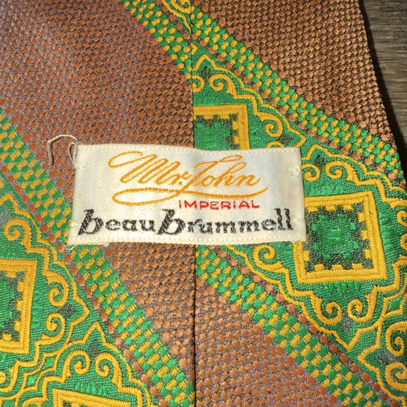 Vintage Mr. John Imperial Beau Brummell Brown Green Polyester Geometric Tie image 4