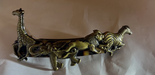Vintage French Safari Animal Hair Barrette Made in France Brass Giraffe Zebra