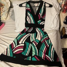Maurices Geometric Multicolored V Neck, Midi Length Black Tie Dress Size Med