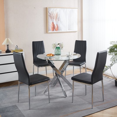 A set of 5 dining tables with medieval-style metal legs and glass tops.
