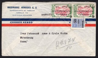 JBRO 1952 Ecuador airmail cover to US overprints