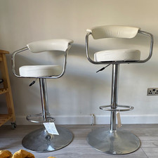 Set of 2 White Faux Leather Swivel Adjustable Bar Stools, Chrome Base