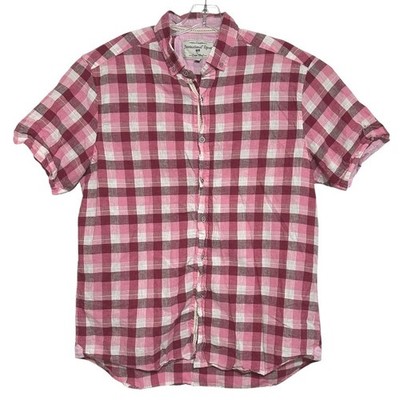 International Report Button Down Mens Pink Gingham Plaid Linen Blend Preppy  XL