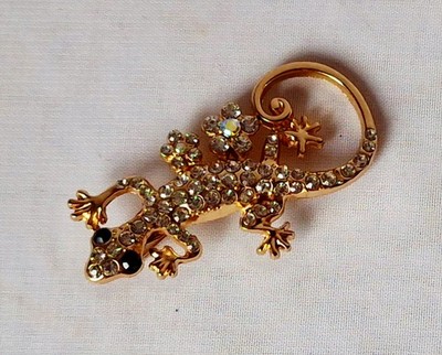 Brosche, Anstecknadel, Modeschmuck, Salamander, Gecko,Echse, weisse Strasssteine