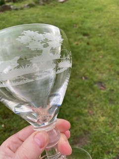 Set of 6 Antique Hand Blown Wheel Engraved Hunting Scene Wine Glasses