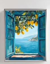 Mediterranean Window View Printable Art – Coastal Lemon Tree Wall Decor